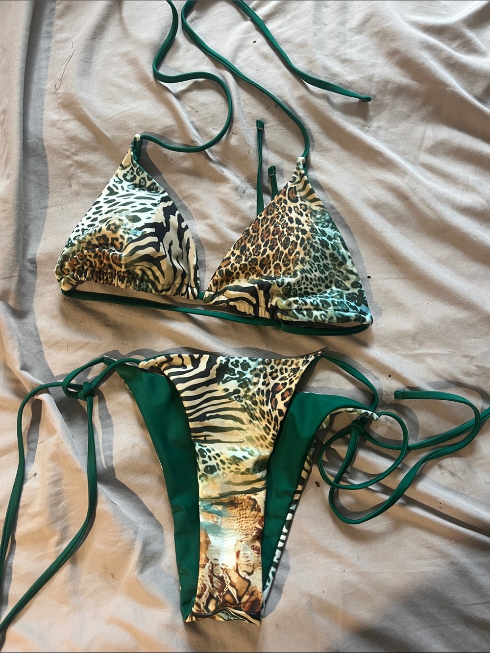 Green Animal Print String Bikini Top & Bottom